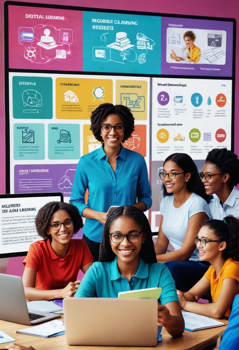 An inviting virtual classroom scene featuring a diverse group of students engaged in online learning, with colorful digital devices and interactive elements on screen. Include a teacher guiding the class with enthusiasm, vibrant educational posters in the background, and floating icons representing various online learning tools. The atmosphere should feel encouraging and connected, emphasizing collaboration in the digital space. super-realistic. vibrant colors. 3D.
