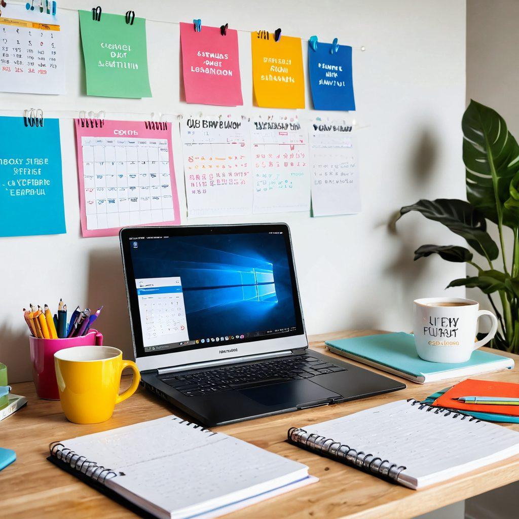 A modern workspace featuring a laptop open to a digital classroom, colorful books and notebooks scattered around, a cozy coffee cup steaming beside, a motivational quote on the wall about online learning, and a calendar filled with study plans. super-realistic. vibrant colors. white background.